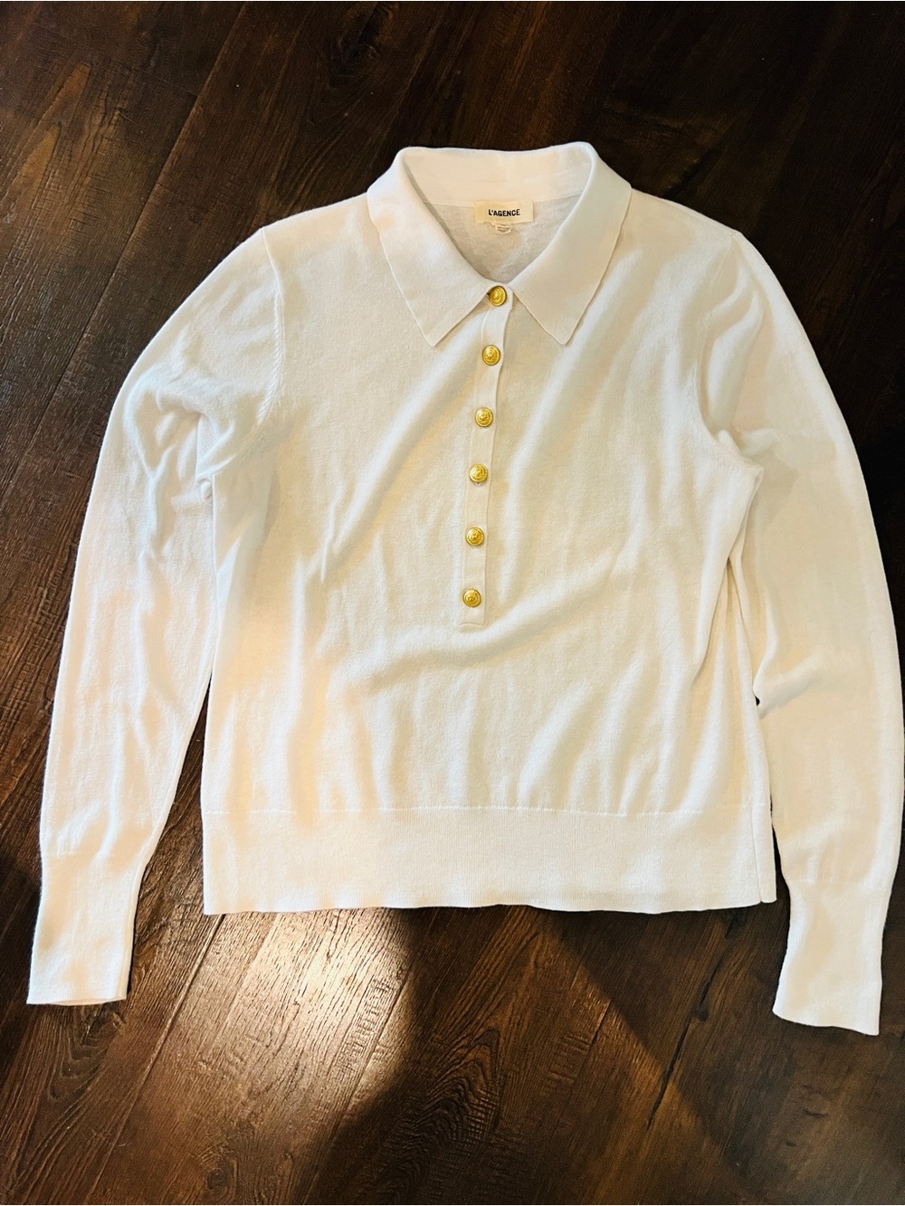 L'AGENCE White Polo-Collar Sweater with Gold Buttons